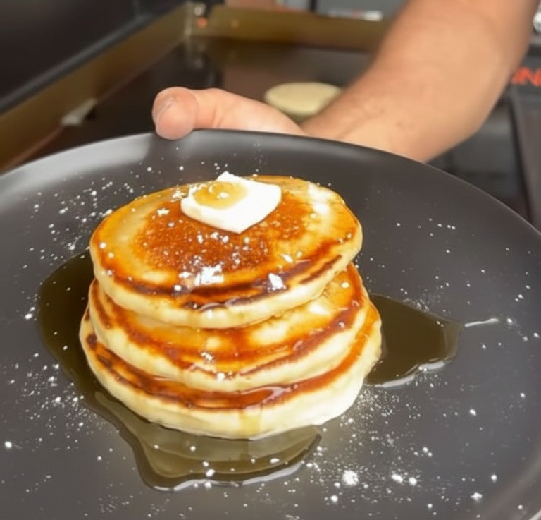 Pancakes on the griddle featured